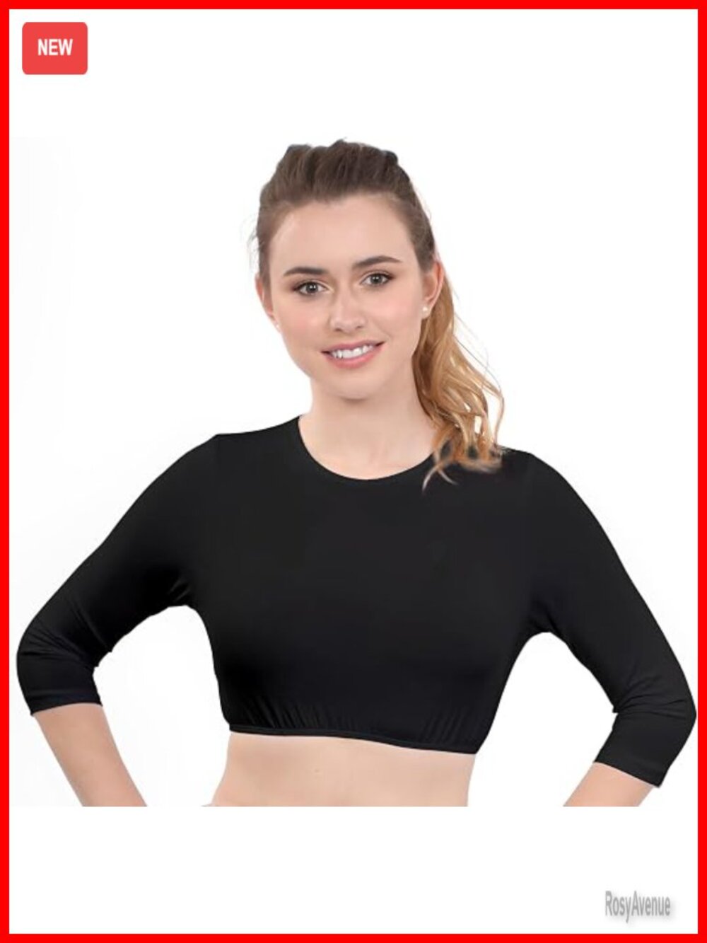 Modest High Neck Cropped Layering Shell 3/4 Sleeve Pullover Top Cotton Spandex